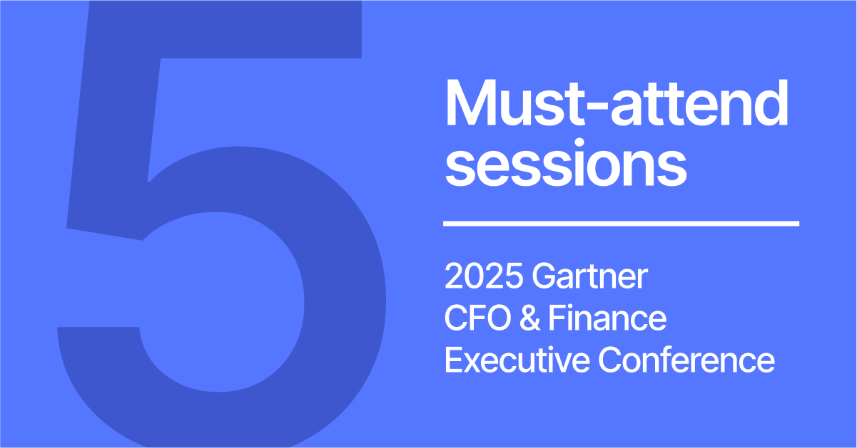 Image is about 5 must-attend sessions at gartner cfo 2025: from manual work to ai execution